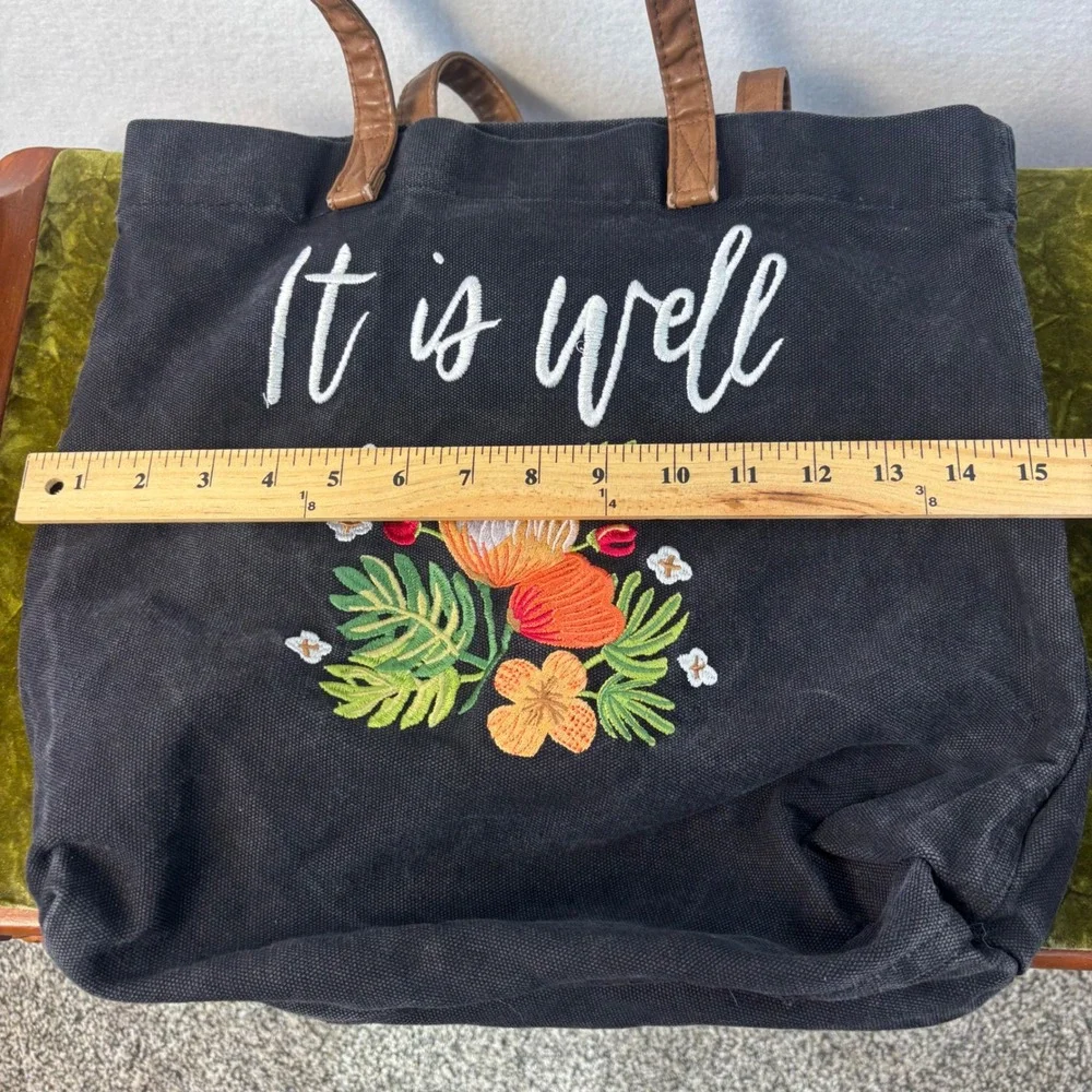 Mary & Martha It Is Well Embroidered Canvas Tote Bag Black Floral Christian